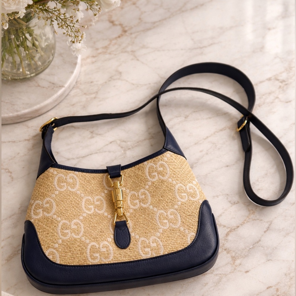 GUCCI Navy Blue Raffia GG Motif Jackie 1961 Small Shoulder/Crossbody Bag
